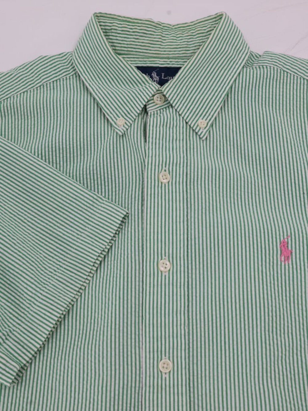 VTG Ralph Lauren Mens Medium Seersucker Cotton Short Sleeve Button Down Stripe